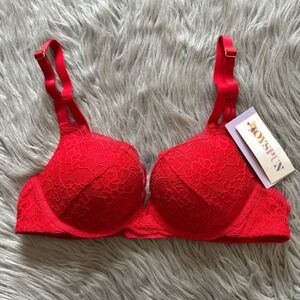 Joyspun Push Up Bra Women Size 34A Red Floral Lace Padded Underwire Back Closure